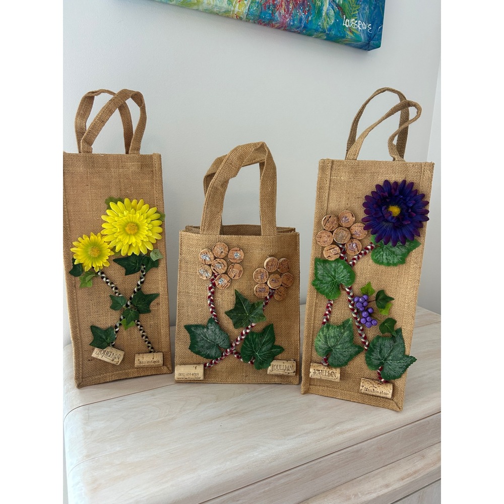 Joullian Vineyards Burlap Wine Gift Bags Set of 3 Rustic Cork Floral Jute Totes